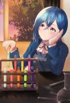  1girl bangs blue_hair blue_jacket collared_shirt commentary crossed_bangs flask head_rest indoors jacket looking_at_object love_live! love_live!_superstar!! momouninego orange_eyes parted_lips picking_up round-bottom_flask school_uniform shirt shrug_(clothing) solo string_tie sunset teeth test_tube test_tube_rack wakana_shiki white_shirt window winter_uniform yuigaoka_school_uniform 