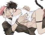  2boys after_anal after_sex animal_ears arm_tattoo ass black_hair black_nails black_shirt blush cat_ears cat_tail choker couple cum cum_in_ass erection extra_eyes eye_contact facial_tattoo french_kiss fushiguro_megumi hand_on_another&#039;s_ear highres jujutsu_kaisen kiss looking_at_another lying lying_on_person makababazi male_focus multiple_boys muscular muscular_male off_shoulder open_clothes open_shirt panties pants penis pink_hair red_choker red_eyes ryoumen_sukuna_(jujutsu_kaisen) shirt short_hair simple_background size_difference spiked_hair stomach_tattoo tail tattoo thigh_strap thighs tongue_suck undercut underwear white_panties white_shirt yaoi 