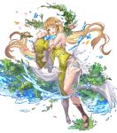  1girl bangs blonde_hair blue_eyes breasts dress fire_emblem fire_emblem_heroes flower full_body green_dress hair_ornament highres long_hair medium_breasts nijihayashi non-web_source official_art puffy_sleeves shiny shiny_hair toeless_footwear toes transparent_background wide_sleeves ymir_(fire_emblem_heroes) 