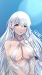  1girl :o azur_lane bare_shoulders blush braid breasts cleavage collarbone criss-cross_halter ex_saki green_eyes hair_over_shoulder halterneck hermione_(azur_lane) hermione_(pure_white_holiday)_(azur_lane) large_breasts looking_at_viewer single_braid solo swimsuit upper_body white_hair white_swimsuit 