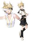  1boy :o absurdres aqua_eyes bangs black_sailor_collar black_shorts blonde_hair blush choker closed_mouth detached_sleeves hair_between_eyes headphones highres kagamine_len kagamine_len_(append) looking_at_viewer male_focus multiple_views necktie open_mouth sailor_collar school_uniform serafuku short_sleeves shorts simple_background sleeveless solo vocaloid vocaloid_append white_background wumumu yellow_necktie 