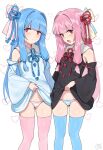  2girls aqua_hair bangs black_dress blue_thighhighs blunt_bangs blush breasts clothes_lift commentary_request detached_sleeves dress dress_lift fang hair_ornament heart heart-shaped_pupils highres kotonoha_akane kotonoha_aoi lifted_by_self long_hair looking_at_viewer multiple_girls panties pink_hair pink_thighhighs red_eyes rkrk signature simple_background skin_fang small_breasts striped striped_panties sweat symbol-shaped_pupils thighhighs underwear very_long_hair voiceroid white_background white_dress 