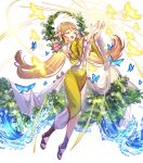  1girl bangs blonde_hair blue_eyes breasts dress fire_emblem fire_emblem_heroes flower full_body green_dress hair_ornament highres long_hair medium_breasts nijihayashi non-web_source official_art puffy_sleeves shiny shiny_hair toeless_footwear toes transparent_background turtleneck wide_sleeves ymir_(fire_emblem_heroes) 