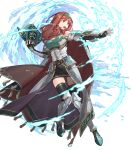  1girl armor armored_boots bangs bare_shoulders belt boots breastplate cape celica_(fire_emblem) dress earrings elbow_gloves fingerless_gloves fire_emblem fire_emblem_echoes:_shadows_of_valentia fire_emblem_heroes full_body gloves gold_trim hairband highres jewelry long_hair non-web_source noy official_art overskirt red_eyes red_hair shiny shiny_hair skirt thighhighs transparent_background zettai_ryouiki 