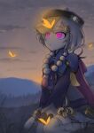  1girl absurdres blurry bug butterfly closed_mouth collar depth_of_field dusk full_body genshin_impact grass grey_hair highres knottt looking_away looking_up purple_eyes qiqi_(genshin_impact) short_hair sitting sky white_collar 
