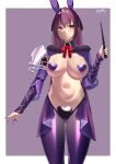  1girl absurdres animal_ears bangs breasts fake_animal_ears fate/grand_order fate_(series) hair_between_eyes heart_maebari heart_pasties highres kurozawa_yui large_breasts long_hair looking_at_viewer maebari meme_attire navel pasties purple_hair rabbit_ears red_eyes revealing_clothes reverse_bunnysuit reverse_outfit scathach_(fate) scathach_skadi_(fate) shrug_(clothing) smile solo thighs tiara wand 