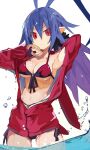  1girl bikini blue_hair breasts disgaea hair_between_eyes jacket laharl-chan long_hair looking_at_viewer medium_breasts miyakawa106 partially_submerged pointy_ears red_bikini red_eyes red_jacket solo swimsuit water wet wet_hair 