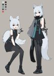  1girl :d animal_ear_fluff animal_ears bad_link bangs between_legs black_dress black_eyes boots chorefuji color_guide commentary_request dress fox_ears fox_girl fox_tail gloves grey_hair hair_between_eyes hand_between_legs hand_up highres looking_at_viewer medium_hair multiple_views open_mouth original pantyhose short_dress shoulder_cape sitting smile standing tail thigh_strap 