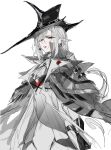  1girl a9712mob arknights ascot bangs black_gloves coat corsage earrings eyes_visible_through_hair gladiia_(arknights) glaring gloves grey_hair hair_over_one_eye hat high_collar highres jewelry looking_at_viewer one_eye_covered parted_lips pointy_ears red_eyes simple_background solo upper_body white_background 