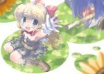  1girl bangs blonde_hair blue_eyes blush boots bow brown_dress brown_footwear cape commentary_request creator_(ragnarok_online) dress flat_chest flower full_body gloves grass hair_bow long_hair looking_at_viewer okosama_lunch_(sendan) open_mouth pullcart ragnarok_online reaching_out red_bow red_cape short_dress smile solo strapless strapless_dress sunflower white_gloves 