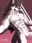  anthro black_nose bodily_fluids canid canine canis dark_hair dylarts fur grey_body grey_fur hair hi_res long_hair looking_at_viewer male mammal muscular open_mouth pecs red_eyes saliva solo white_body white_fur wolf 