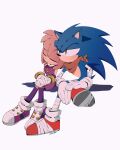  1boy 1girl amy_rose animal_nose bandaged_arm bandages bracelet brown_scarf closed_eyes gloves green_eyes highres isa03re jewelry leaning_on_person scarf sitting sleeping smile sonic_(series) sonic_boom_(game) sonic_the_hedgehog white_gloves 