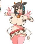  1girl alternate_breast_size animal_ears animal_print bangs bell black_hair breasts collar color_guide cosplay cow cow_ears cow_horns cow_print cow_tail cowbell earphones gloves green_eyes horns idolmaster idolmaster_cinderella_girls large_breasts limited_palette long_hair midriff miniskirt oikawa_shizuku oikawa_shizuku_(cosplay) pink_gloves pink_thighhighs shibuya_rin skirt smile spot_color tail thighhighs toriga_naku white_background 