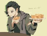  1boy apple_pie artist_name brown_eyes dated dessert food holding holding_food january kamen_rider kamen_rider_zi-o_(series) lips plate purple_scarf scarf signature simple_background sitting table tkst_ayaka trench_coat woz_(kamen_rider_zi-o) yellow_background 