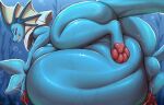  absurd_res bodily_fluids eeveelution feral groan hi_res licking looking_at_viewer looking_pleasured nintendo oral_vore pawpads paws pok&eacute;mon pok&eacute;mon_(species) riolutiny rumbling_stomach saliva self_lick simple_background solo squish tongue tongue_out vaporeon video_games vore water 