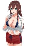  1girl bangs bikini bikini_under_clothes blue_swimsuit braid breasts brown_hair cleavage cowboy_shot furufuru_fugu green_eyes highres kantai_collection large_breasts midriff navel noshiro_(kancolle) one-hour_drawing_challenge red_shorts shirt shorts simple_background solo swept_bangs swimsuit swimsuit_under_clothes tied_shirt twin_braids white_background 