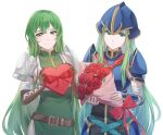  2girls armor bangs belt black_dress blue_belt bouquet bow box bracer breastplate brown_belt brown_gloves commission dress elbow_gloves erinys_(fire_emblem) fire_emblem fire_emblem:_genealogy_of_the_holy_war fire_emblem:_path_of_radiance flower gloves green_dress green_eyes green_hair heart-shaped_box helmet highres holding holding_bouquet holding_box long_hair looking_at_viewer moja_(rainpoow) multiple_girls nephenee_(fire_emblem) red_bow red_flower red_rose rose second-party_source shoulder_armor simple_background sleeveless sleeveless_dress smile upper_body very_long_hair white_background 