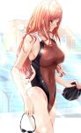  arisugawa_natsuha bare_arms bare_shoulders black_eyes blush breasts brown_swimsuit from_side goggles goggles_removed highleg highleg_swimsuit highres holding holding_goggles idolmaster idolmaster_shiny_colors large_breasts long_hair one-piece_swimsuit orange_hair parted_lips pool shohei_(piranha5hk) smile solo swim_cap swim_cap_removed swimsuit thighs wet 