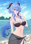  1girl absurdres ahoge arm_behind_back bangs bare_arms bare_shoulders beach bikini black_bikini blue_hair blue_sky breasts cleavage cloud collarbone commentary cowboy_shot day ganyu_(genshin_impact) genshin_impact hair_between_eyes highres horns large_breasts long_hair looking_at_viewer mukurochai navel ocean outdoors pink_eyes sarong see-through sky smile solo standing stomach swimsuit thighs very_long_hair water 
