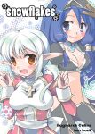  2girls bangs black_hairband black_pants blue_eyes blue_hair blush breasts brown_eyes closed_mouth commentary_request cover cover_page cowboy_shot cross cross_necklace doujin_cover dress hair_between_eyes hairband heart heart-shaped_pupils high_priest_(ragnarok_online) jewelry juliet_sleeves long_hair long_sleeves looking_at_viewer medium_breasts midriff multiple_girls navel necklace okosama_lunch_(sendan) open_mouth pants pointy_ears puffy_sleeves ragfes ragnarok_online red_dress sash sidelocks smile snowflakes suspenders symbol-shaped_pupils two-tone_dress warlock_(ragnarok_online) white_dress white_hair white_sash 