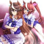  2girls :d animal_ears bangs blue_eyes breasts brown_hair closed_mouth commentary_request crossed_arms hair_between_eyes hair_ribbon horse_ears horse_girl large_breasts long_hair looking_at_viewer multicolored_hair multiple_girls nakahira_guy pink_ribbon ponytail puffy_short_sleeves puffy_sleeves purple_eyes ribbon school_uniform short_hair short_sleeves sitting skirt smile streaked_hair symboli_rudolf_(umamusume) tokai_teio_(umamusume) tracen_school_uniform umamusume white_hair white_skirt 