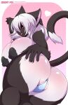  anthro barely_visible_genitalia barely_visible_pussy big_breasts big_butt breasts butt clothed clothing domestic_cat felid feline felis female genitals hi_res holding_butt mammal pussy sagestrike2_(artist) solo thong topless underwear 