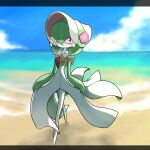  1girl backlighting bangs beach blue_sky blush bob_cut bonnet capelet closed_mouth clothed_pokemon cloud colored_skin commentary_request day flat_chest flower full_body gardevoir green_hair green_skin hair_between_eyes happy hat hat_flower highres horizon letterboxed light_blush looking_at_viewer monya multicolored_skin ocean outdoors partial_commentary pink_eyes pink_flower pink_trim pokemon pokemon_(creature) pokemon_(game) pokemon_unite sand short_hair sky smile solo standing two-tone_skin walking water white_capelet white_headwear white_skin 