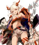  1girl arknights arm_tattoo belt black_belt breasts colored_skin cowboy_shot dragon_girl dragon_horns earrings hand_on_hip highres holding holding_clothes holding_jacket horns jacket jacket_removed jewelry leg_tattoo long_hair looking_at_viewer multicolored_hair nian_(arknights) open_clothes open_jacket pointy_ears ponytail purple_eyes red_bandeau red_hair red_skin shion_(1016_shio) shorts simple_background small_breasts solo streaked_hair tassel tassel_earrings tattoo teeth tongue tongue_out upper_teeth white_background white_hair white_jacket white_shorts 
