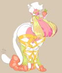  anthro big_breasts breasts dedoggyskullz_(artist) ear_piercing female food fruit fur gold_(metal) gold_jewelry hair haplorhine hi_res high_heels jewelry lipgloss long_tail maimi_(moochiemcg) mammal monkey moochiemcg peach_(fruit) piercing plant primate solo thick_thighs white_body white_fur white_hair 