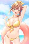  1girl absurdres anzu_(vtuber) anzu_1026 arm_up ass_visible_through_thighs bangs bikini breasts brown_hair cleavage commission cowboy_shot day fang green_eyes hand_up highres indie_virtual_youtuber innertube large_breasts looking_at_viewer medium_hair multi-strapped_bikini open_mouth skeb_commission solo standing swimsuit yellow_bikini 