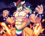  anthro bowser clothing collar dylarts fire green_shell hair horn jewelry lgbt_pride looking_at_viewer male mario_bros muscular muscular_anthro nintendo nipples open_mouth pecs piercing ring_piercing shell smile solo spikes thong underwear video_games yellow_body 