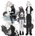  1boy 1girl :3 ^_^ animal_ear_fluff animal_ears animal_nose arms_around_neck arms_behind_back artist_name bangs bare_shoulders belt black_eyes black_footwear black_fur black_hair black_jacket black_pants black_sweater blunt_bangs blush body_fur boots buttons cat_ears cat_girl cat_tail closed_eyes closed_mouth clothing_cutout computer couple dog_boy dog_ears dog_tail earclip expressionless full_body gomafuto grey_pants grey_shirt hair_intakes half-closed_eyes hand_on_hip happy head_tilt heart height_difference highres hug jacket jaggy_lines kiss laptop light_blush long_hair long_sleeves looking_to_the_side multiple_views navel open_clothes open_jacket open_mouth original pants ponytail shirt shirt_tucked_in sidelocks signature simple_background sitting sitting_on_lap sitting_on_person sketch sleeveless sleeveless_shirt smile snout standing stomach straight-on sweater tail twitter_username underboob_cutout very_long_hair whiskers white_background white_fur white_hair white_shirt wristband 