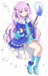  1girl :d absurdres bangs blue_dress blue_footwear blue_jacket blush boots commentary dotted_line dress full_body hair_between_eyes highres holding holding_staff jacket long_hair long_sleeves looking_at_viewer orb original pink_hair purple_eyes sitting smile socks solo staff starry_background symbol-only_commentary tsukiyo_(skymint) very_long_hair white_background wide_sleeves 