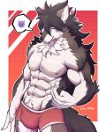  4:5 abs anthro black_nose bulge canid canine canis clothing dark_hair dylarts fur grey_body grey_fur hair hi_res long_hair looking_at_viewer male mammal muscular muscular_anthro muscular_male pecs pubes pubic_fuzz red_eyes solo underwear white_body white_fur wolf 