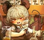  absurdres alcohol andanon angry animal_ears beer beer_mug blonde_hair cup drink drinking_glass drunk glass highres holding holding_cup ice ice_cube looking_at_viewer mouse_ears mouse_tail mug nazrin open_mouth plate red_eyes sake tail touhou wine_glass 