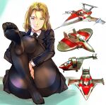  1girl aircraft airplane ass black_jacket black_pantyhose black_skirt blonde_hair blue_eyes breasts commentary_request jacket kamisimo_90 knee_up kneepits long_sleeves looking_at_viewer necktie original panties panties_under_pantyhose pantyhose pleated_skirt shirt sitting skirt smile solo thighband_pantyhose underwear white_shirt 