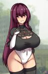  1girl absurdres artist_name breasts cameltoe cleavage cosplay fate/grand_order fate_(series) hand_on_hip highres huge_breasts legs leotard long_hair looking_at_viewer neppedwaifu nier_(series) nier_automata purple_eyes purple_hair scathach_(fate) smile solo thick_thighs thighs yorha_no._2_type_b yorha_no._2_type_b_(cosplay) 