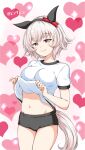  1girl alternate_costume animal_ears blush breasts buruma curren_chan_(umamusume) grey_hair hamao headband heart heart_background horse_ears horse_tail medium_breasts navel short_hair smile solo tail umamusume 