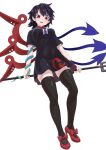  1girl absurdres asymmetrical_wings black_dress black_hair blue_wings bow dress highres houjuu_nue looking_at_viewer polearm poronegi red_bow red_eyes red_footwear shoes solo thighhighs touhou trident weapon wings 