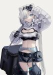  1girl :d absurdres animal_ears arknights arm_up aurora_(arknights) bear_ears belt belt_pouch black_gloves black_hairband blue_eyes box breasts cleavage cooler cowboy_shot crop_top eyes_visible_through_hair gloves grey_hair grey_shorts hair_over_one_eye hairband high_collar highres infection_monitor_(arknights) long_hair long_sleeves looking_at_viewer medium_breasts midriff navel parted_lips pouch see-through short_shorts shorts shrug_(clothing) smile solo stomach thighlet unzipped very_long_hair yoon_cook 