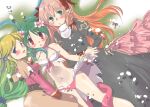  3girls acolyte_(ragnarok_online) bangle bangs bikini black_dress blonde_hair blue_eyes bow bracelet braid breasts brown_capelet brown_shirt capelet cleavage commentary_request dress feet_out_of_frame gradient_hair green_eyes green_hair habit hair_bow jewelry juliet_sleeves long_hair long_sleeves looking_at_viewer medium_breasts mismatched_bikini multicolored_hair multiple_girls okosama_lunch_(sendan) open_mouth priest_(ragnarok_online) puffy_sleeves ragnarok_online red_bikini red_bow red_eyes red_shirt shirt side_braid swimsuit wanderer_(ragnarok_online) white_bikini 