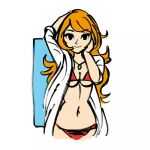  bikini coat collar jf_illustration long_hair looking_at_viewer midriff mona_(warioware) orange_hair solo swimsuit warioware white_coat 