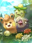  :d black_eyes brown_eyes cloud commentary_request day flower grass hakkentai_pokedan highres lechonk looking_at_viewer no_humans o_o open_mouth outdoors pawmi pokemon pokemon_(creature) sky smile smoliv sunlight tongue tree wavy_mouth 