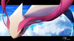 above_clouds bright_pupils cloud commentary_request day flying highres letterboxed milotic no_humans outdoors outside_border pokemon pokemon_(creature) red_eyes rolloekaki signature solo white_pupils 