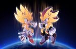  2boys aura battle_damage clenched_hand clenched_hands clenched_teeth earth_(planet) floating gloves highres isa03re male_focus multiple_boys planet red_eyes shadow_the_hedgehog smile sonic_(series) sonic_adventure_2 sonic_the_hedgehog space super_shadow super_sonic teeth white_gloves 