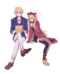  1boy 1girl blonde_hair blue_shirt brown_footwear cape commentary crossed_legs earrings ereshkigal_(fate) fate/grand_order fate_(series) gilgamesh_(caster)_(fate) gilgamesh_(fate) high_heels highres hoop_earrings ipad jewelry pants red_cape red_eyes red_ribbon ribbon shirt single_thighhigh skull_collar tablet_pc thighhighs tiara user_gvjr7435 white_pants 