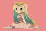  1girl artist_name belt blonde_hair blue_eyes blush dress floating_hair gloves jewelry long_hair multicolored_hair necklace parted_lips pink_dress pink_skirt princess_zelda seiza sitting skirt the_legend_of_zelda the_legend_of_zelda:_spirit_tracks the_legend_of_zelda:_the_wind_waker tokuura 