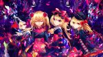  4girls abstract_background alternate_color alternate_costume alternate_hairstyle ascot black_ascot black_dress black_headwear black_shirt black_skirt blonde_hair bonnet bow bowtie braid bright_pupils buttons china_dress chinese_clothes clone closed_eyes closed_mouth collared_dress commentary corset crystal dress facing_viewer flandre_scarlet flat_cap floral_print flower four_of_a_kind_(touhou) frown gothic_lolita hair_between_eyes hair_flower hair_ornament hat hat_bow highres lace lolita_fashion long_hair looking_at_viewer looking_to_the_side mirimo mob_cap multiple_girls one_side_up red_bow red_eyes red_flower red_rose rose shirt signature skirt skirt_set touhou waist_bow white_bow white_bowtie white_pupils wings yellow_ascot 