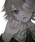  1boy bangs black_ribbon blush bright_pupils brown_hair bruise bruise_on_face buttons circuit_board close-up collared_shirt computer_chip danganronpa:_trigger_happy_havoc danganronpa_(series) eyebrows_hidden_by_hair fujisaki_chihiro green_eyes grey_background hands_up highres injury looking_at_viewer male_focus neck_ribbon one_eye_covered open_mouth portrait ribbon sema_(vivaviva_02) shirt short_hair simple_background solo white_pupils 
