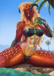 5_fingers abs absurd_res amber_eyes anthro beach blonde_hair breasts butt_from_the_front clothing countershade_legs countershade_thighs countershade_torso countershading curved_horn dragon facial_spikes female fingers forearms gris_swimsuit hair hi_res horn looking_at_viewer meme meme_clothing muscular muscular_female one-piece_swimsuit orange_body orange_countershading orange_scales palm_tree plant pouring_onto_self red_body red_scales scaled_forearms scales scalie seaside silgiriya_mantsugosi spikes spikes_(anatomy) swimwear thick_thighs translucent translucent_clothing translucent_swimwear tree water wide_hips 